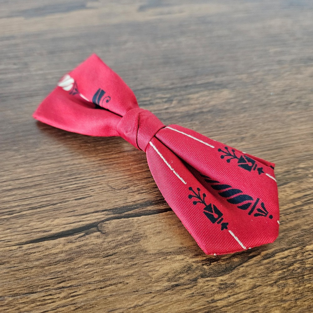 Vintage Red Geometric Print Clip-On Bow Tie Stainless Steel Hardware